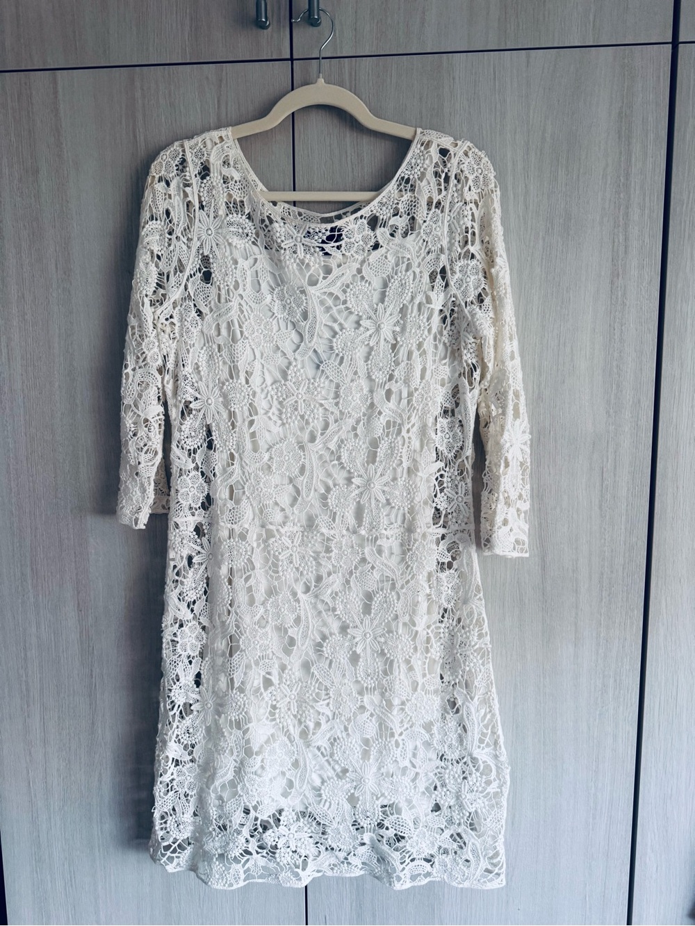 Ralph Lauren Cream Floral Crochet Long Sleeve Dress Sz L